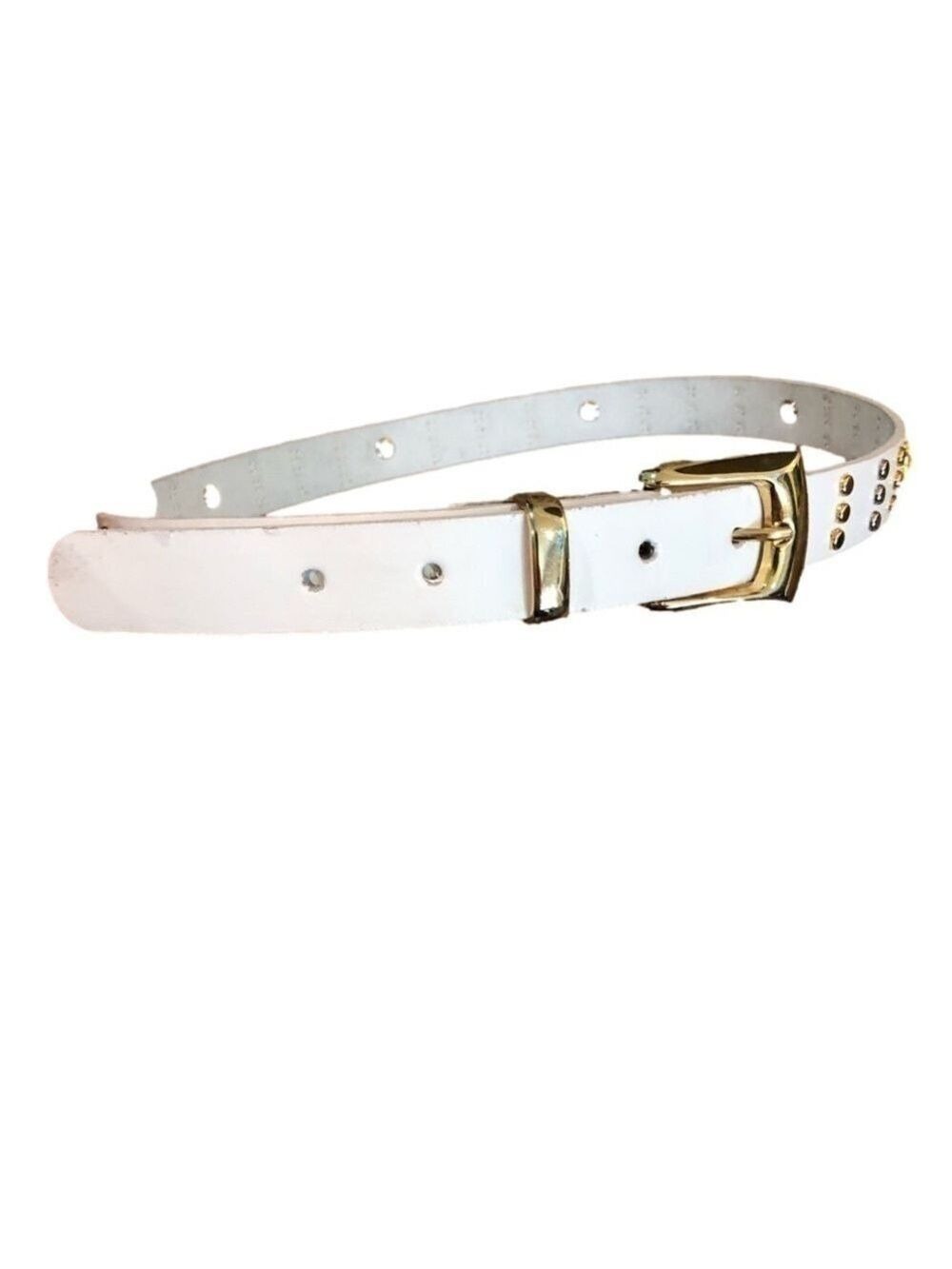 Women’s 1” white leather belt with silver-tone and gold-tone adornments. Size ML